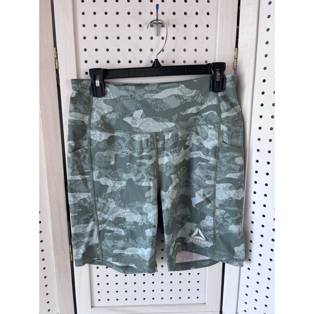 Reebok Camo Bike Athletic Shorts Green Women's Lg Stretch Athleisure Comfort